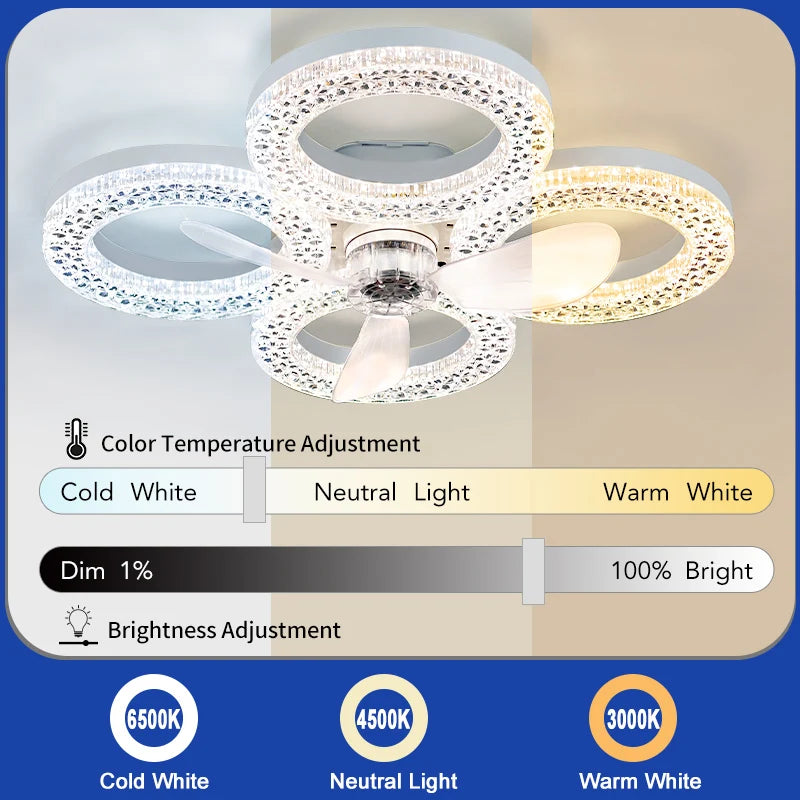 ventilateur plafonnier moderne blanc strass télécommande led vitesses minuterie lumières