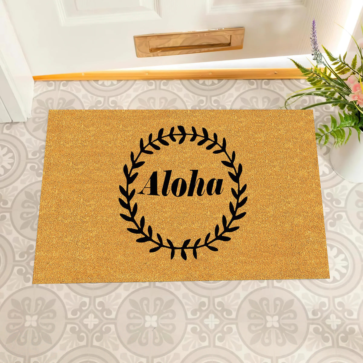 tapis d'entrée marron clair couronne feuilles noir anti dérapant adhésif moderne résistant corrosion