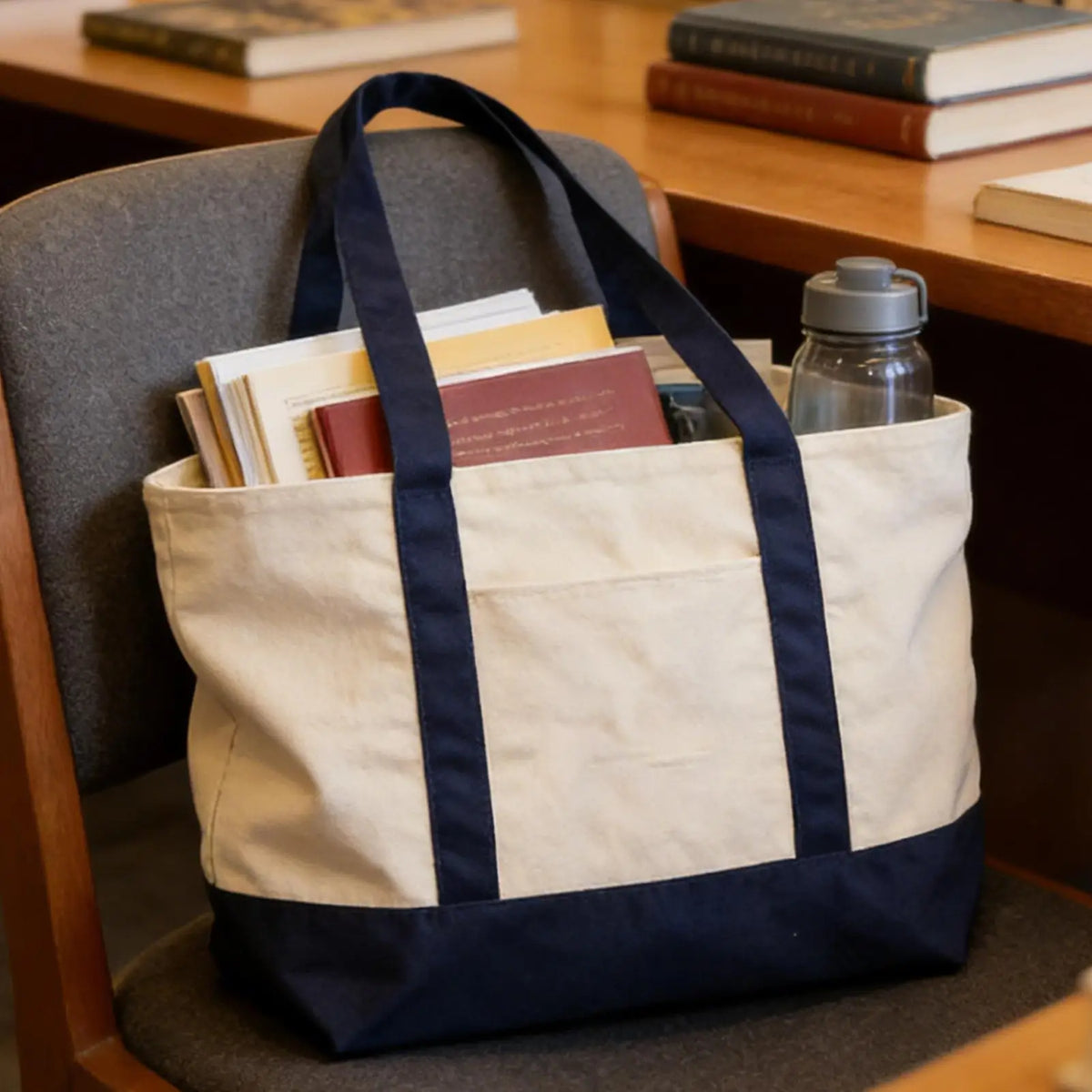 sac main réutilisable toile beige bleu marine simple bandoulière fixations tissées opaques