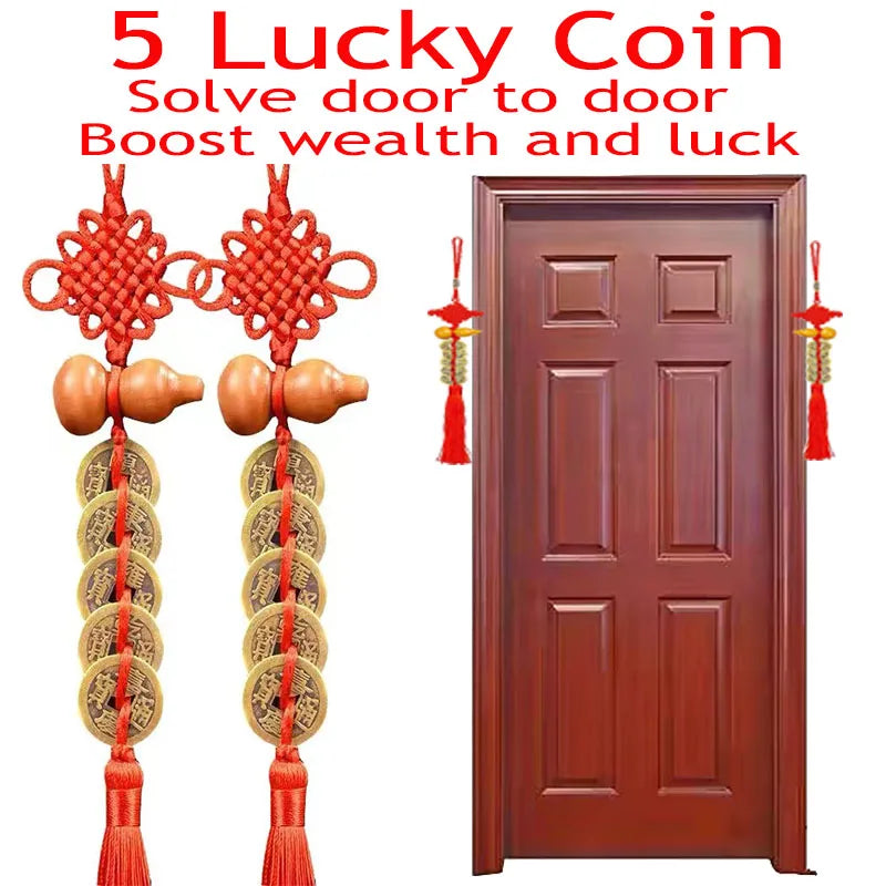porte bonheur suspension cordon rouge pieces chinoises inscriptions gravées traditionnel decoratif elementos bois grenades