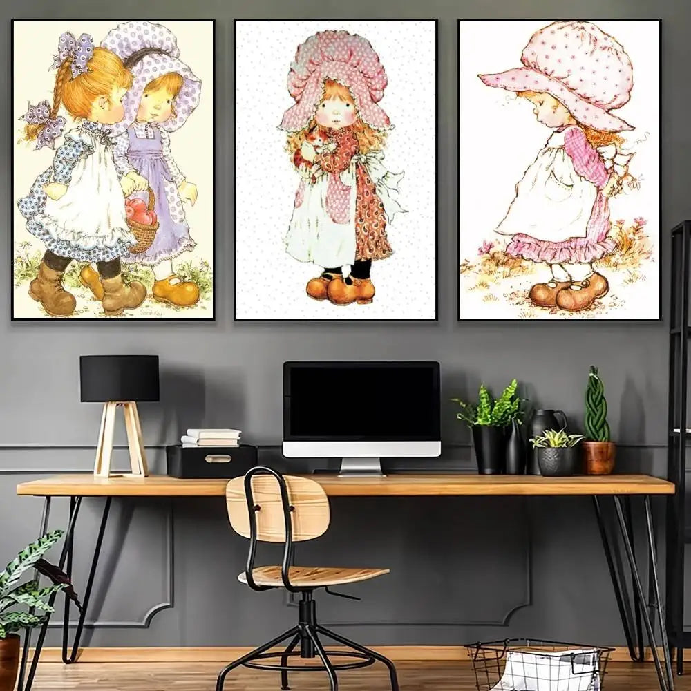affiche décoration murale illustration vintage personnages enfants costumes traditionnels cadre noir salon chambre