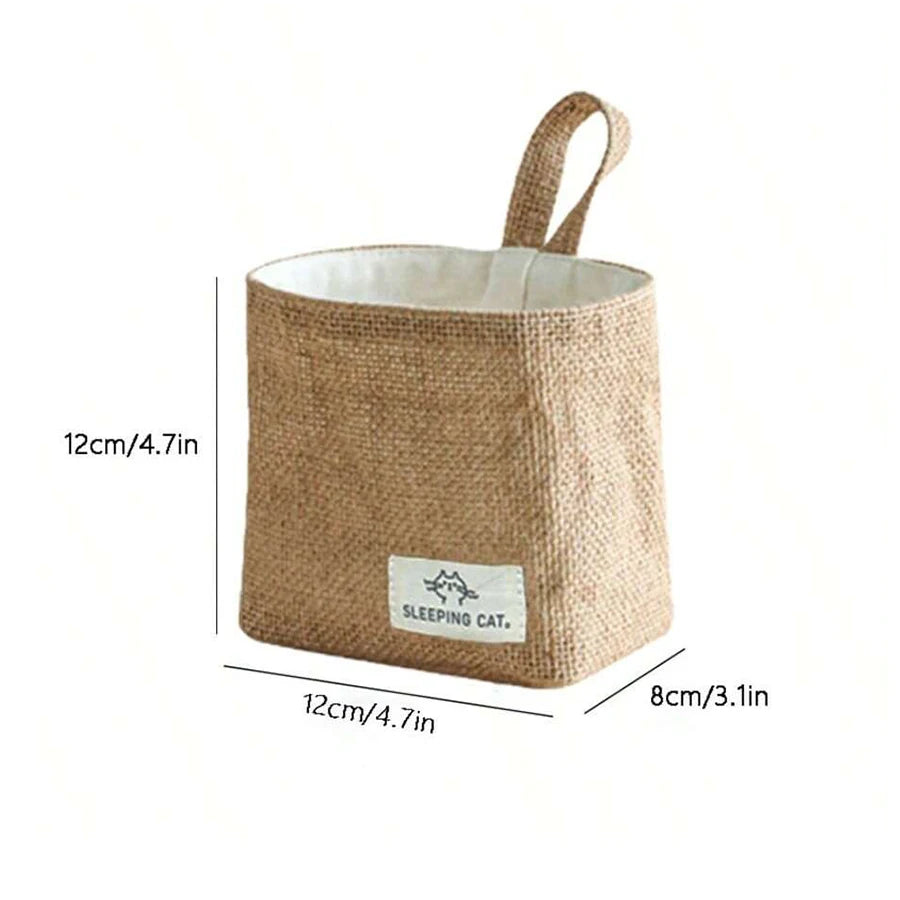 sac main vintage toile jute beige blanc rustique poignée amovible étiquette chat endormi