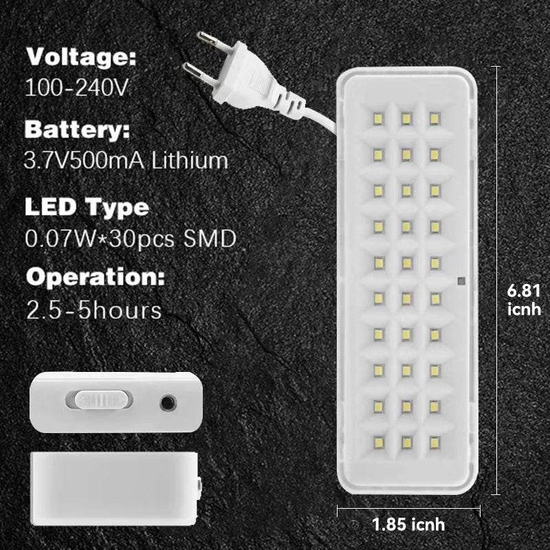 lampe d'urgence led rechargeable 30 leds blanc moderne sans fixation interrupteur batterie cable alimentation