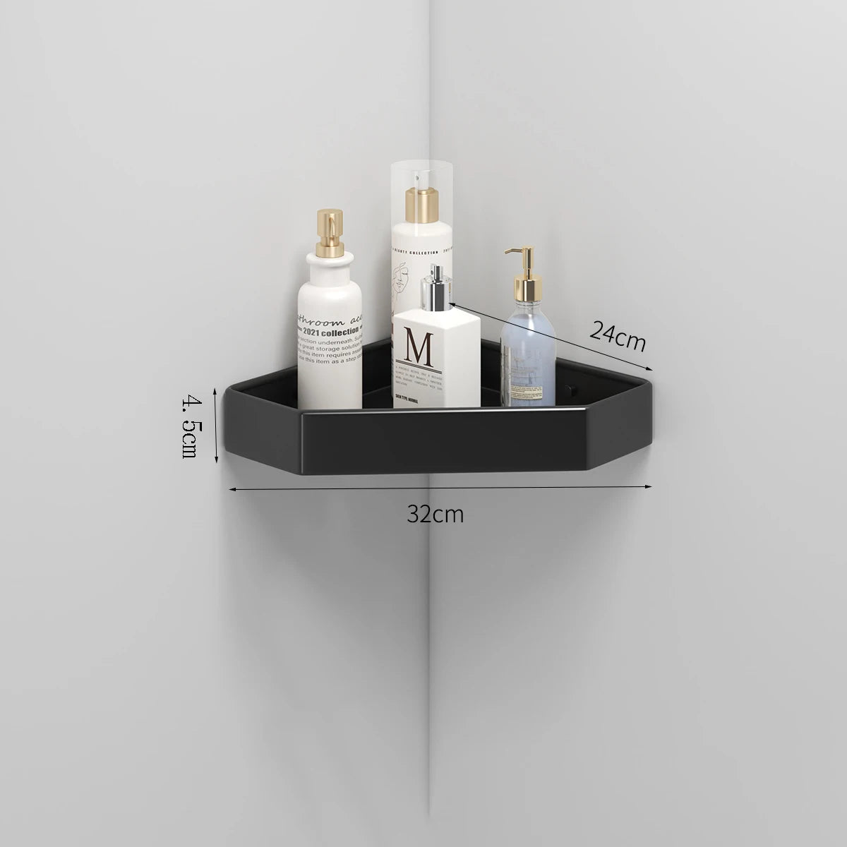 étagère salle bain blanc moderne adhésive shampooing gel douche lotion parfum verre boucles d'oreilles