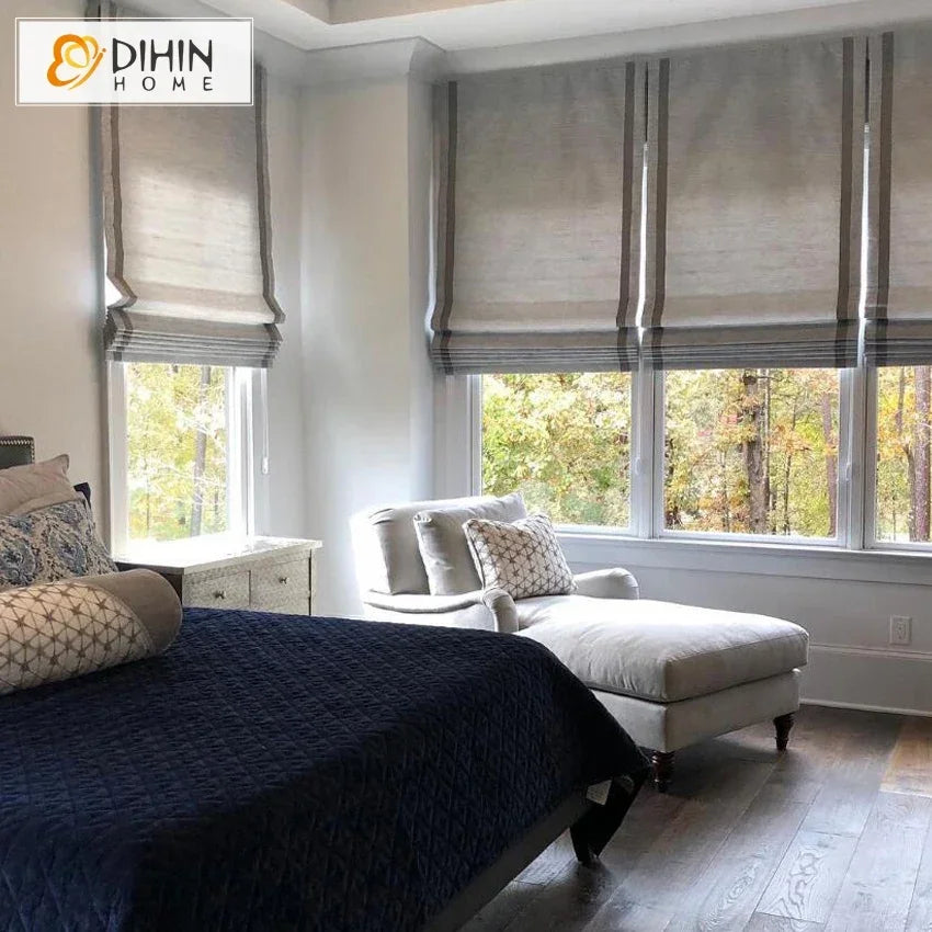 stores romains modernes gris clair beige tissu uni extérieure intégrée fenêtre