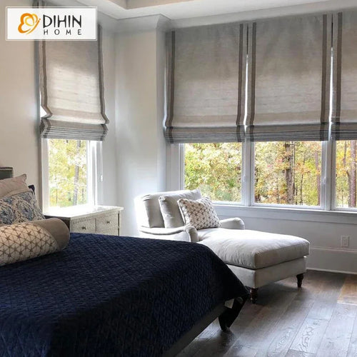 stores romains modernes gris clair beige tissu uni extérieure intégrée fenêtre
