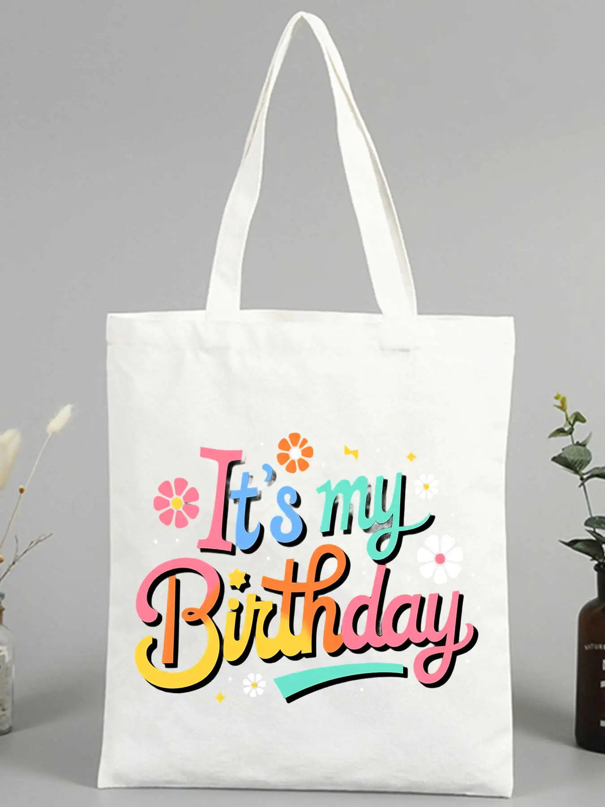 sac main toile dessin animé blanc fleurs colorées moderne poignées