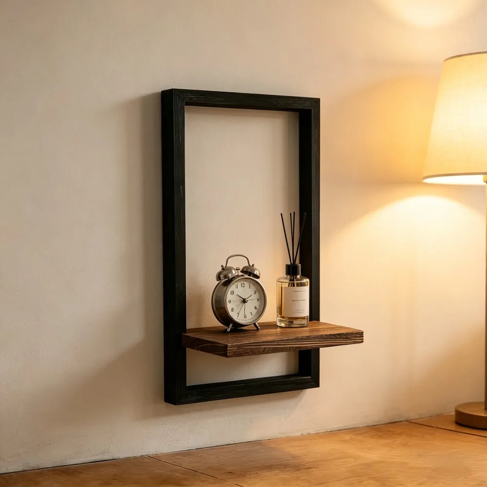 présentoir suspendu bois cadre noir étagère murale industrielle plantes photos vases bougies