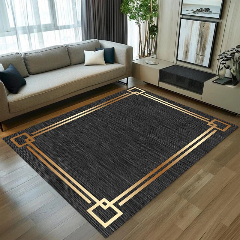 tapis sol rectangulaire motif géométrique grec noir blanc or moderne salon chambre décoratif
