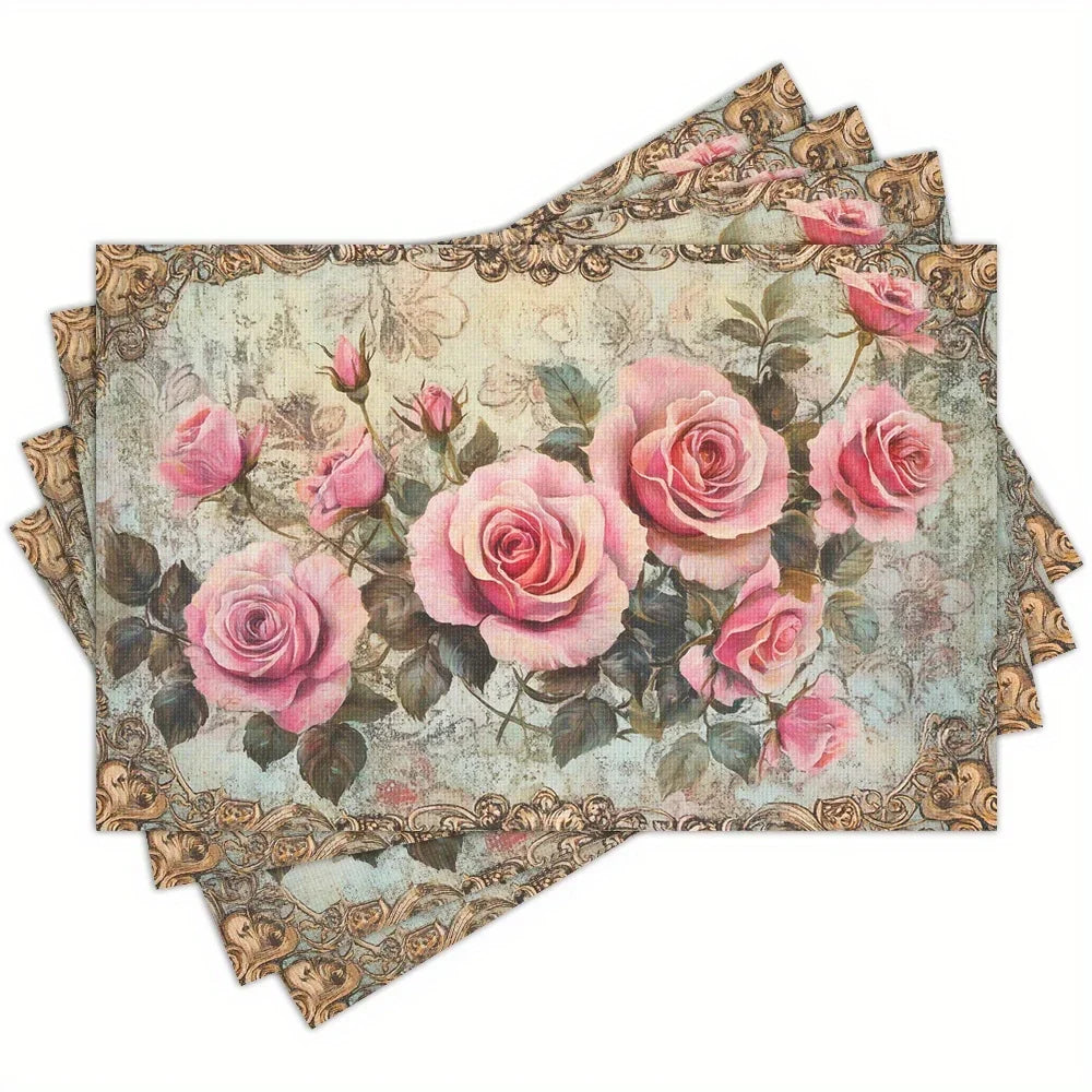tapis table vintage floral rose fleur feuille verte bordure dorée lin classique