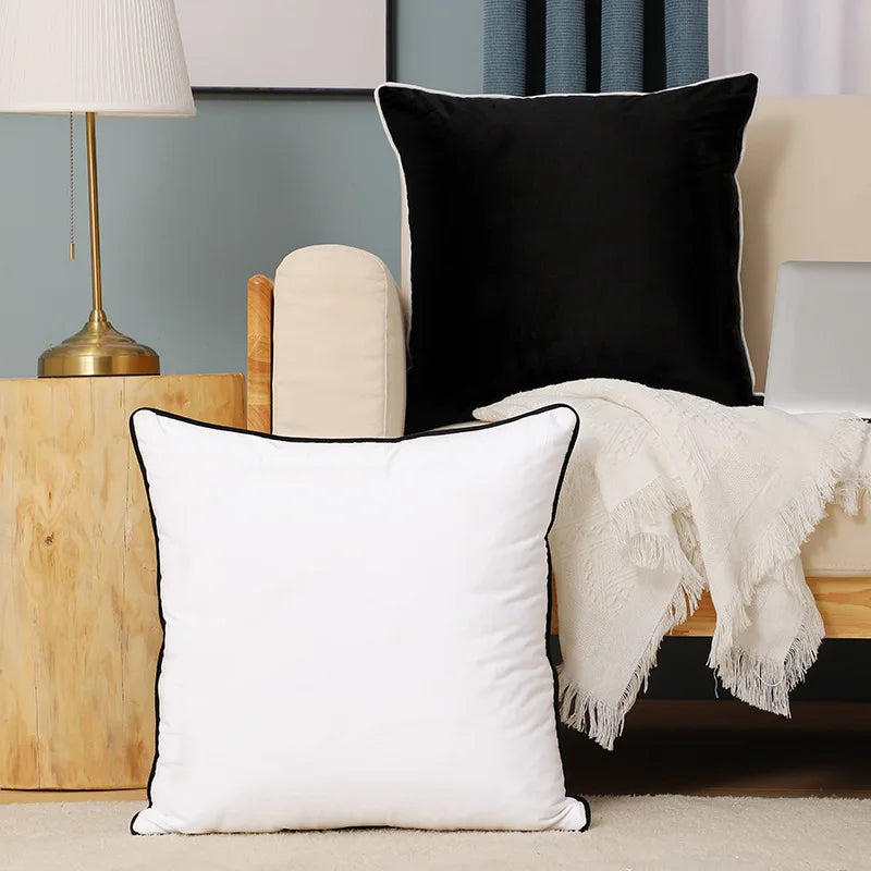 taies d'oreiller décoratives polyester noir blanc motif uni bordure blanche contemporain 30x50cm 45x45cm 50x50cm