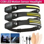 lampe frontale rechargeable noire jaune fluo rayures ajustable détecteur mouvement COB LED strobe camping