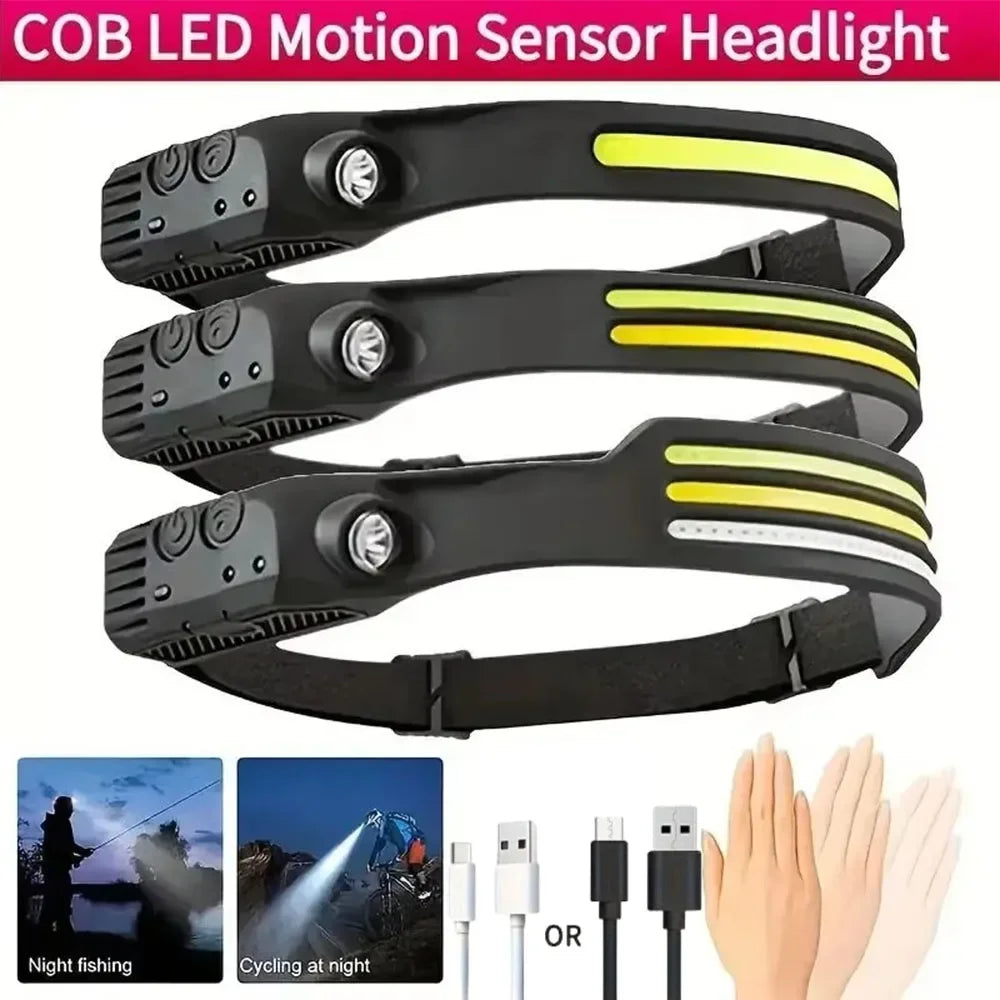 lampe frontale rechargeable noire jaune fluo rayures ajustable détecteur mouvement COB LED strobe camping