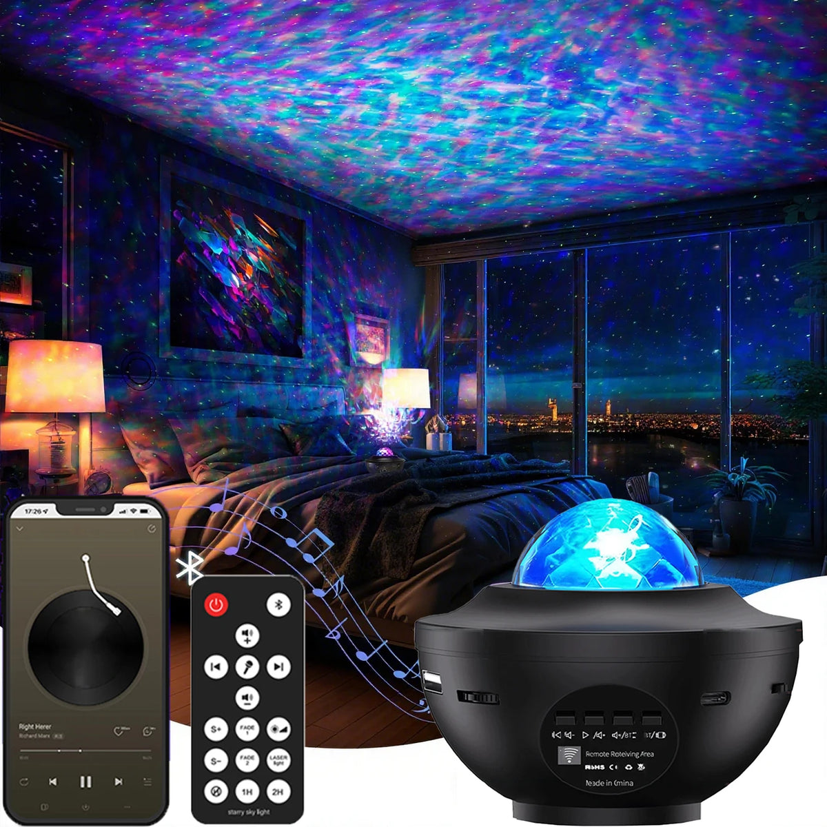 projecteur d'étoiles bluetooth télécommande veilleuse led nuit ambiance chambre transparent moderne