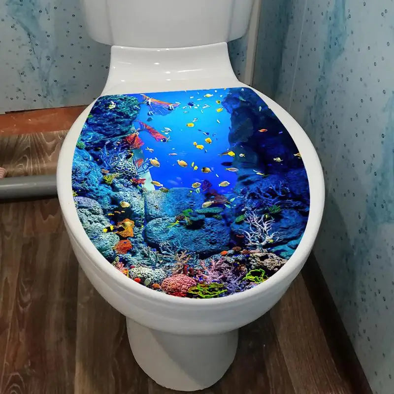 autocollant toilette moderne scène sous marine coraux poissons couleur bleue décoration salle bains facile