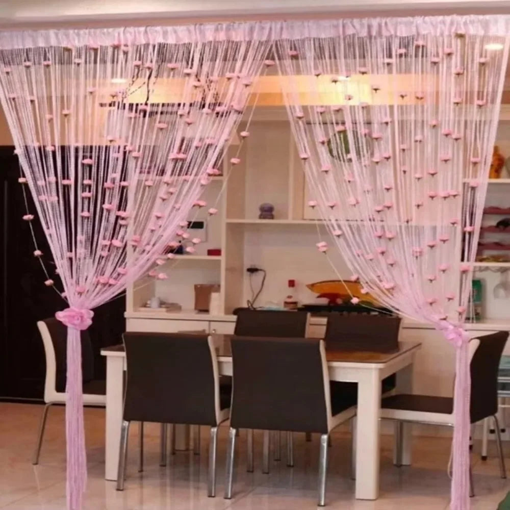 rideau rose fleurs franges polyester transparent asiatique fenetre octogonaleextérieur decoration maison