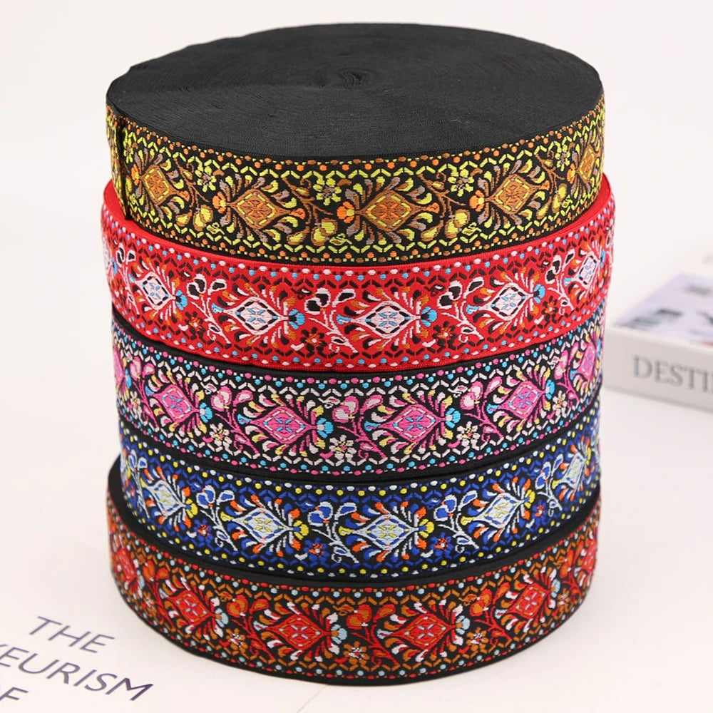 ruban décoratif floral ethnique polyester largeur 1.5 pouces rouge noir bleu rose jaune vert