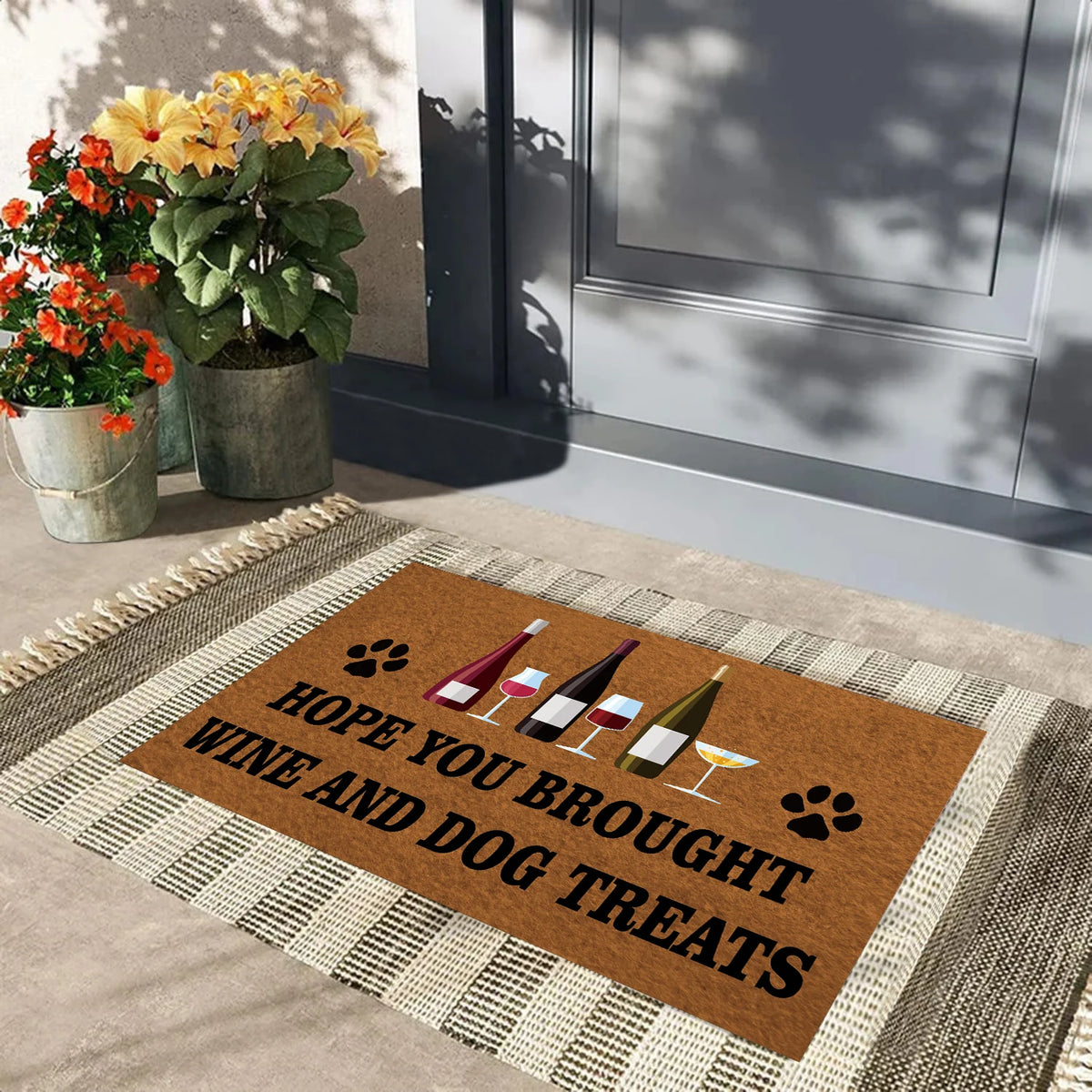 tapis d'entrée marron clair motif vin verres pattes chien antidérapant résistant extérieur moderne