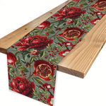 chaise table nappe étroite botanique floral pivoines pomegranates motifs floraux feuillage rouge vert beige