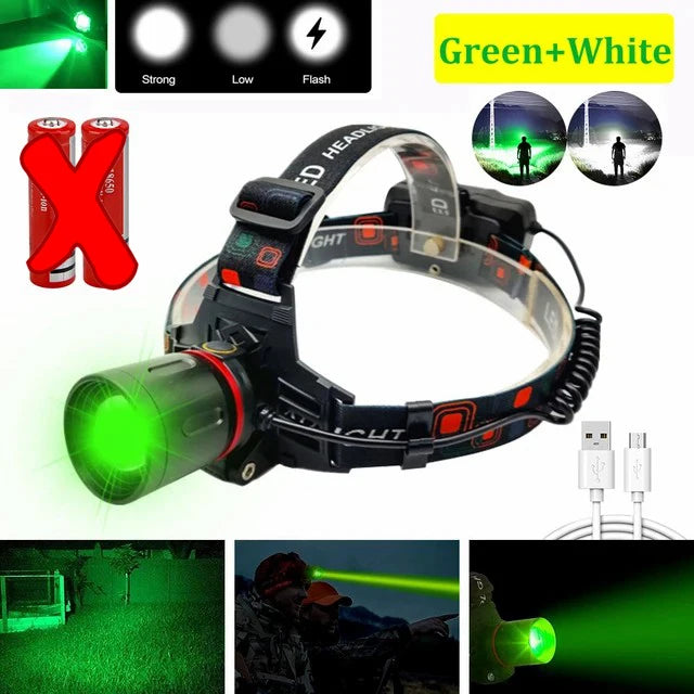 lampe frontale rechargeable led zoomable noir rouge vert phare modes torche pêche chasse camping