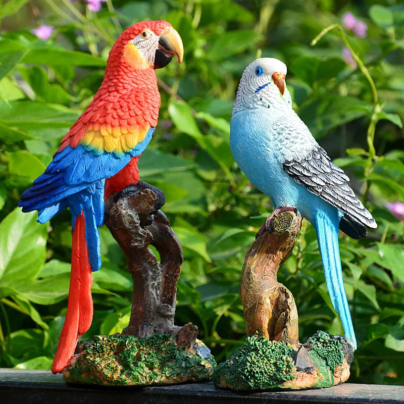 statue résine perroquet ornement extérieur décoration jardin couleurs vives plumes réalistes base bois mousse