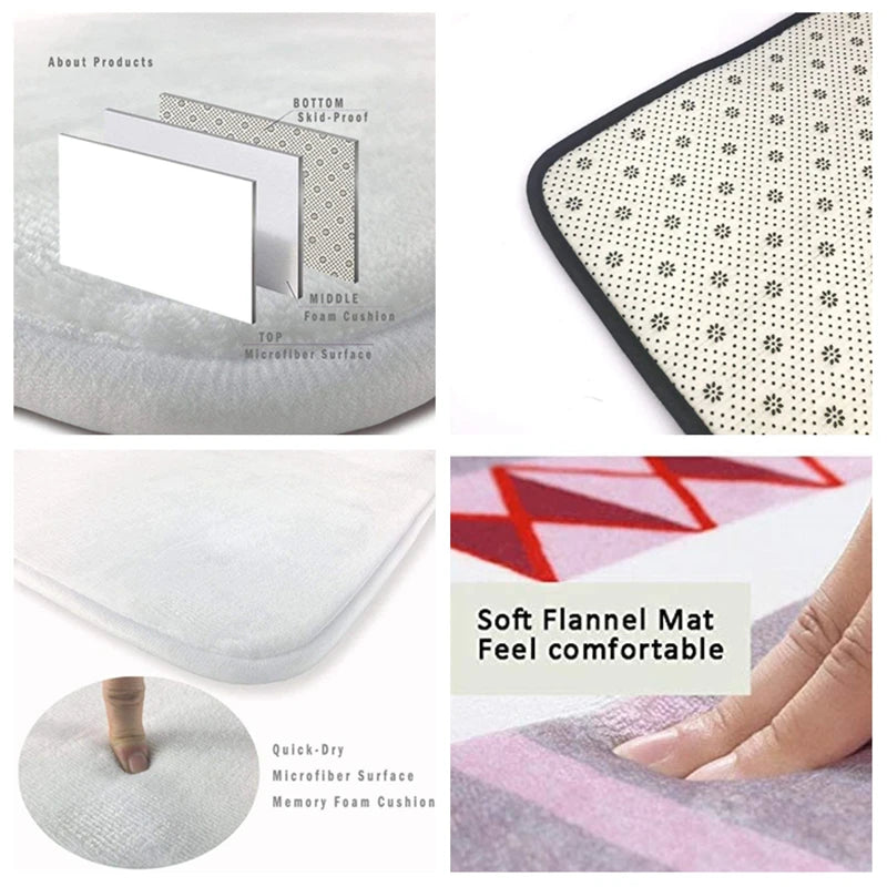 Cette image présente les caractéristiques d'un tapis de sol confortable avec une surface en microfibre et un rembourrage en mousse à mémoire de forme. Le tapis est doté d'un motif à petites fleurs blanches et noires, offrant un style élégant.