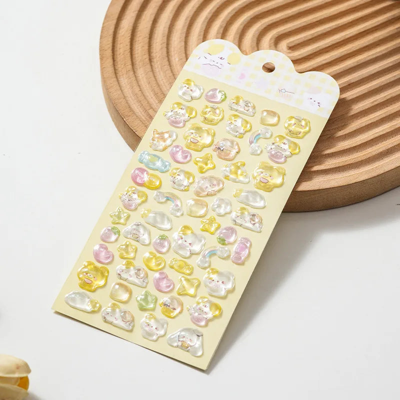sticker adhésif kawaii animaux coeurs étoiles pastel multicolore transparent reflets