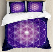 Parure de lit bleu foncé fleur de vie avec étoiles, housse de couette et taies d'oreiller en polyester