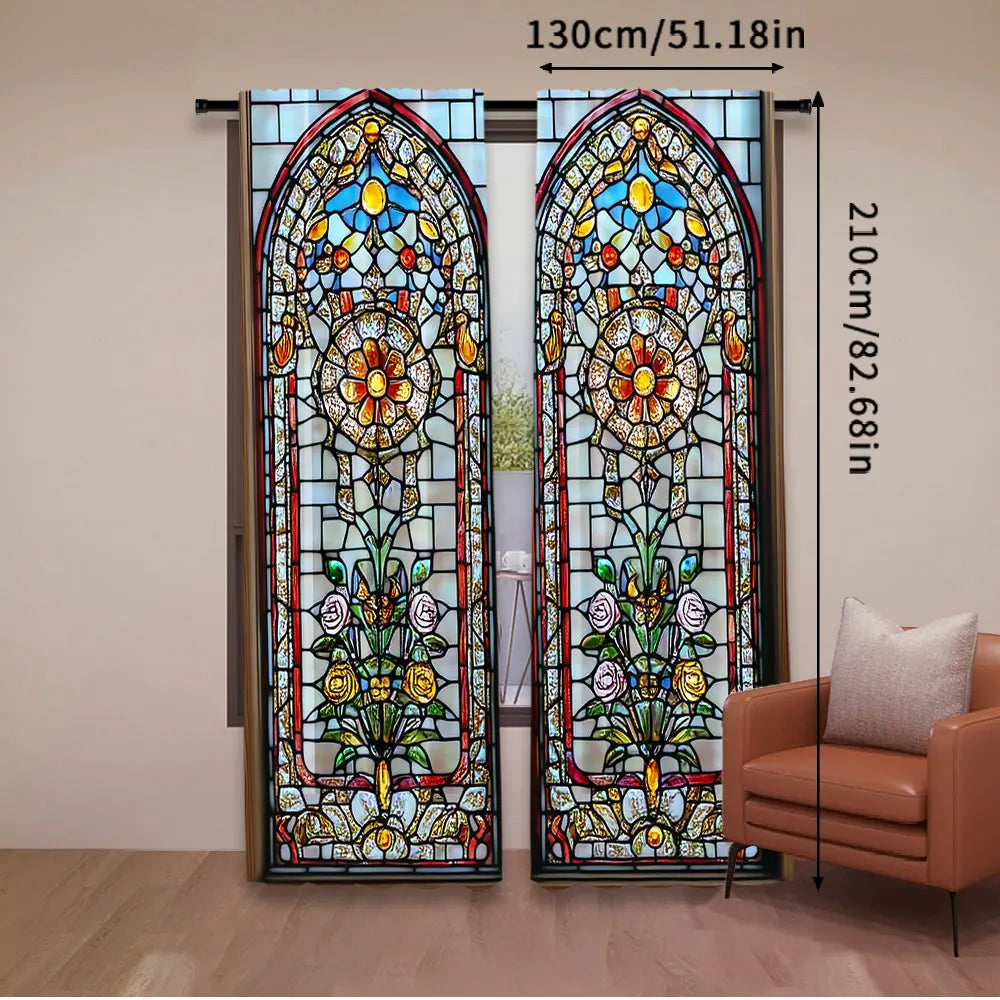 rideaux deux pièces motifs floraux semi transparent vitrail couleurs vives rouge bleu violet