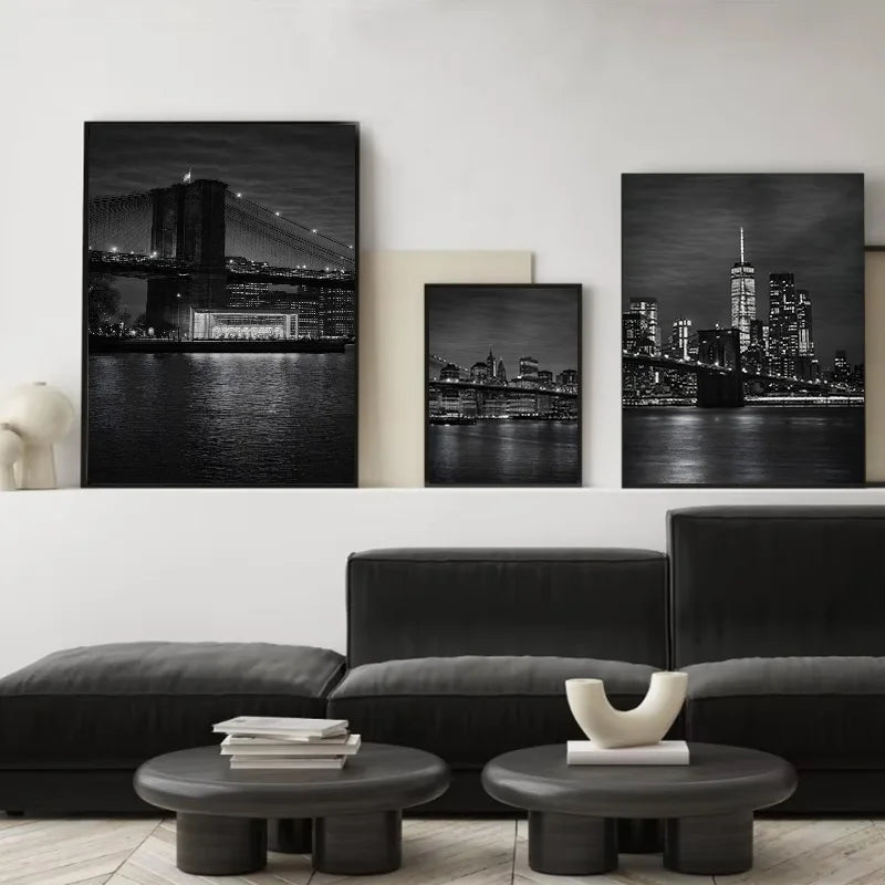 décoration murale triptyque art contemporain noir blanc paysage urbain nocturne york chambre salon