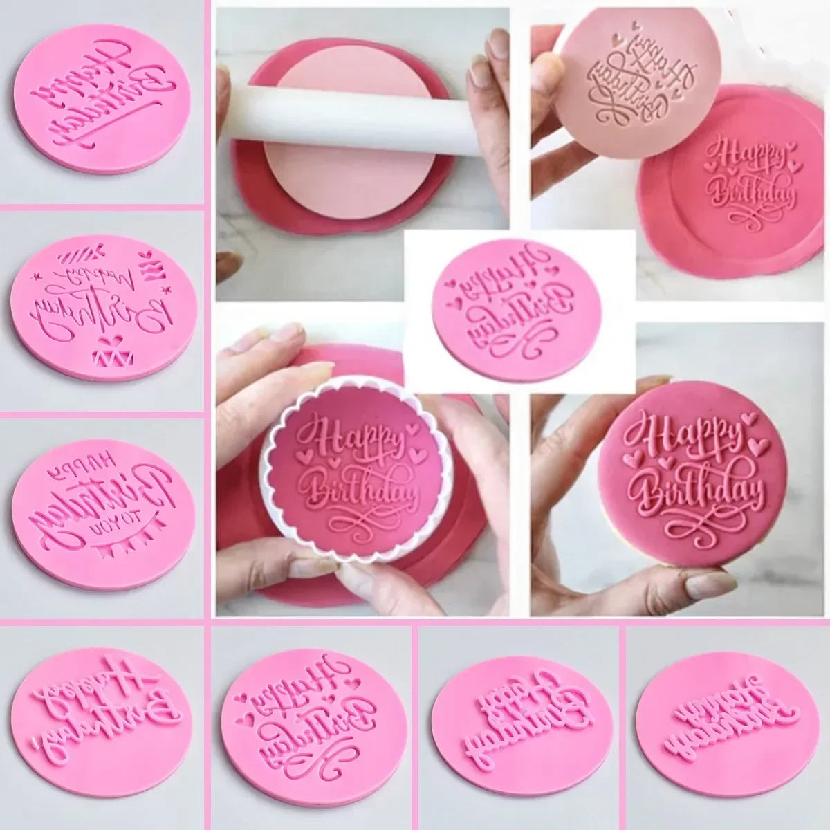 embosseur pâte modeler happy birthday rose clair bordure dentelée outil décoration gâteau moderne respectueux