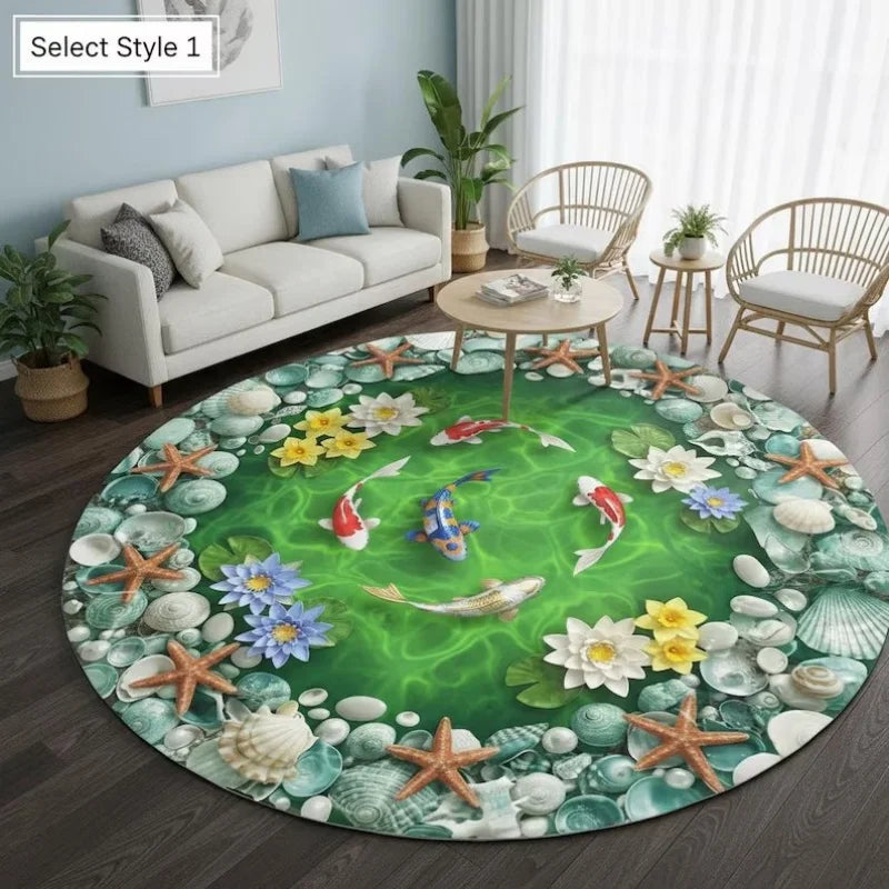 tapis rond moderne paysage aquatique poissons rochers lotus coquillages vert gris blanc bleu orange
