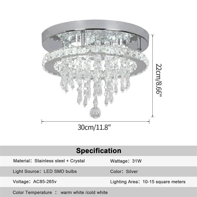 lustre moderne cristal transparent argenté plafonnier led salon télécommande intensité variable suspension