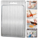 planche découper acier inoxydable texture brossée poignées moderne cuisine qualité alimentaire double face 28cm