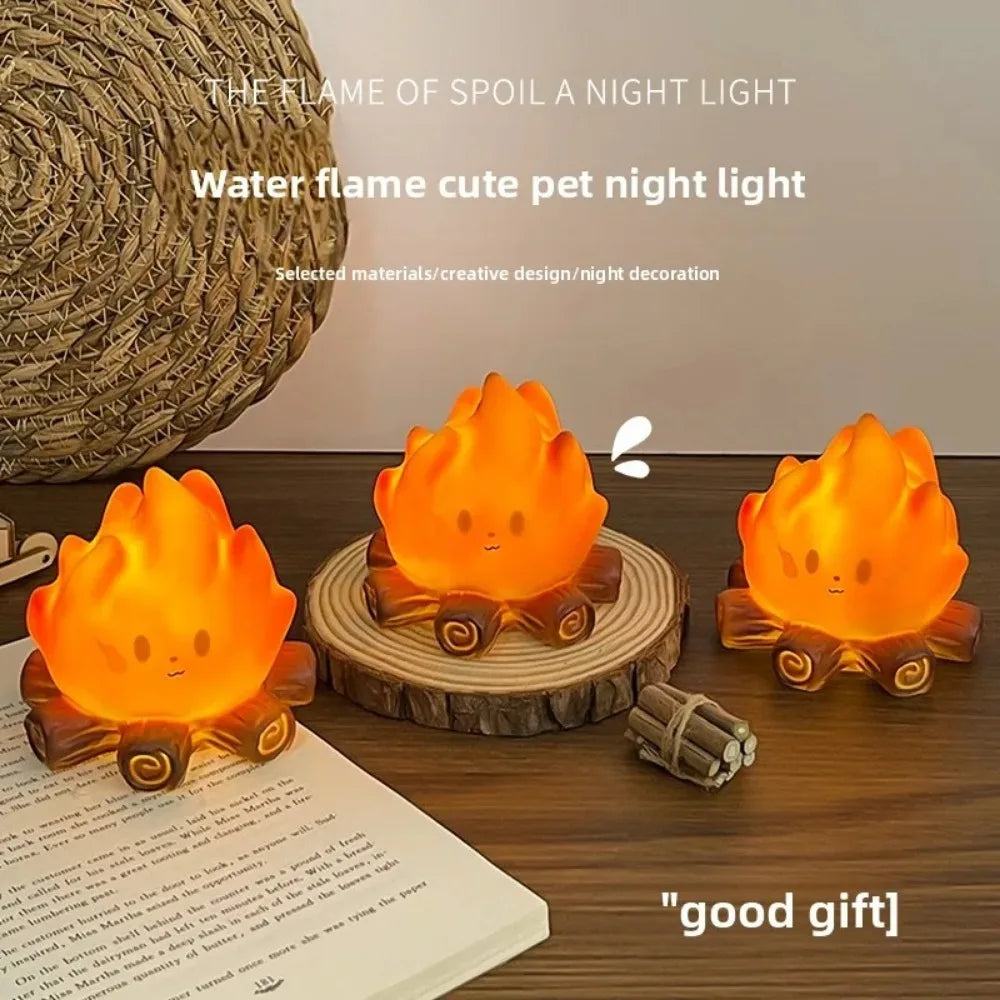 lampe nuit forme flamme orange jaune brun flamme stylisée visage mignon moderne tronc d'arbre