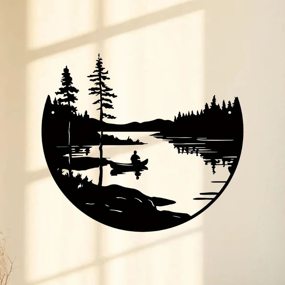 décoration murale moderne plaque noire paysage silhouettes rivière bateau personne minimalist artextérieur maison