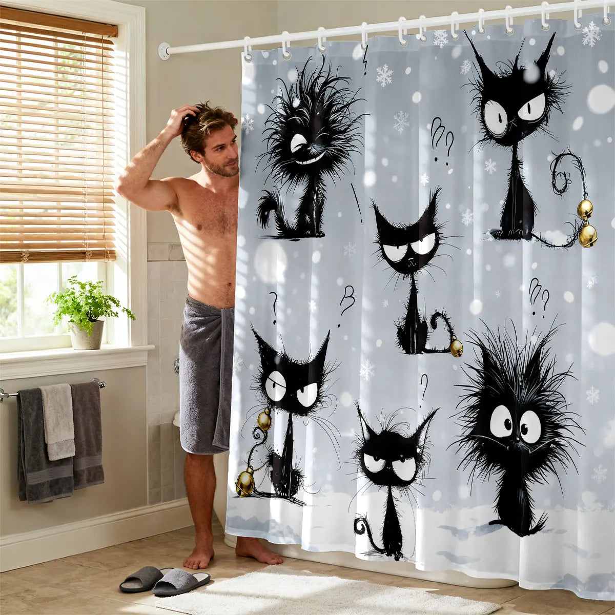 rideau douche imperméable chat dessin animé gris clair noir humoristique opacité classique anneaux rideau