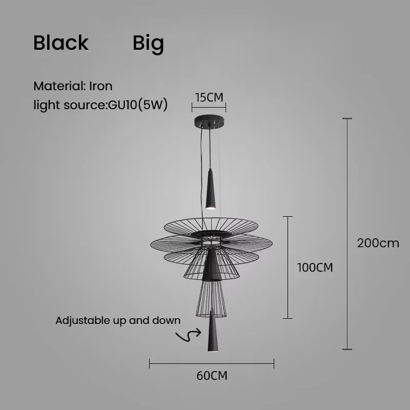 suspension lumineuse or noir contemporain minimaliste ampoule led intégrée fixation câbles métal superposé