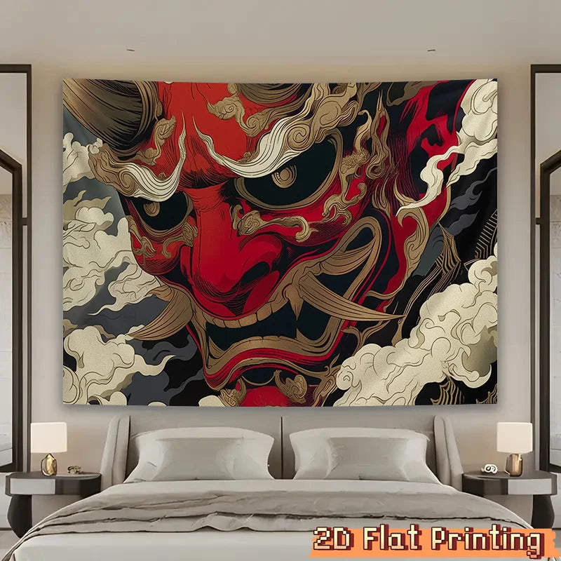 tapisserie murale art traditionnel japonais masque floral nuages rouge noir beige doré clips