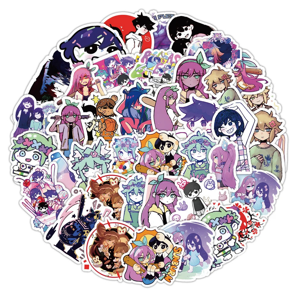 sticker anime personnages illustration manga violet noir blanc rose vert bleu rouge beige 10pcs