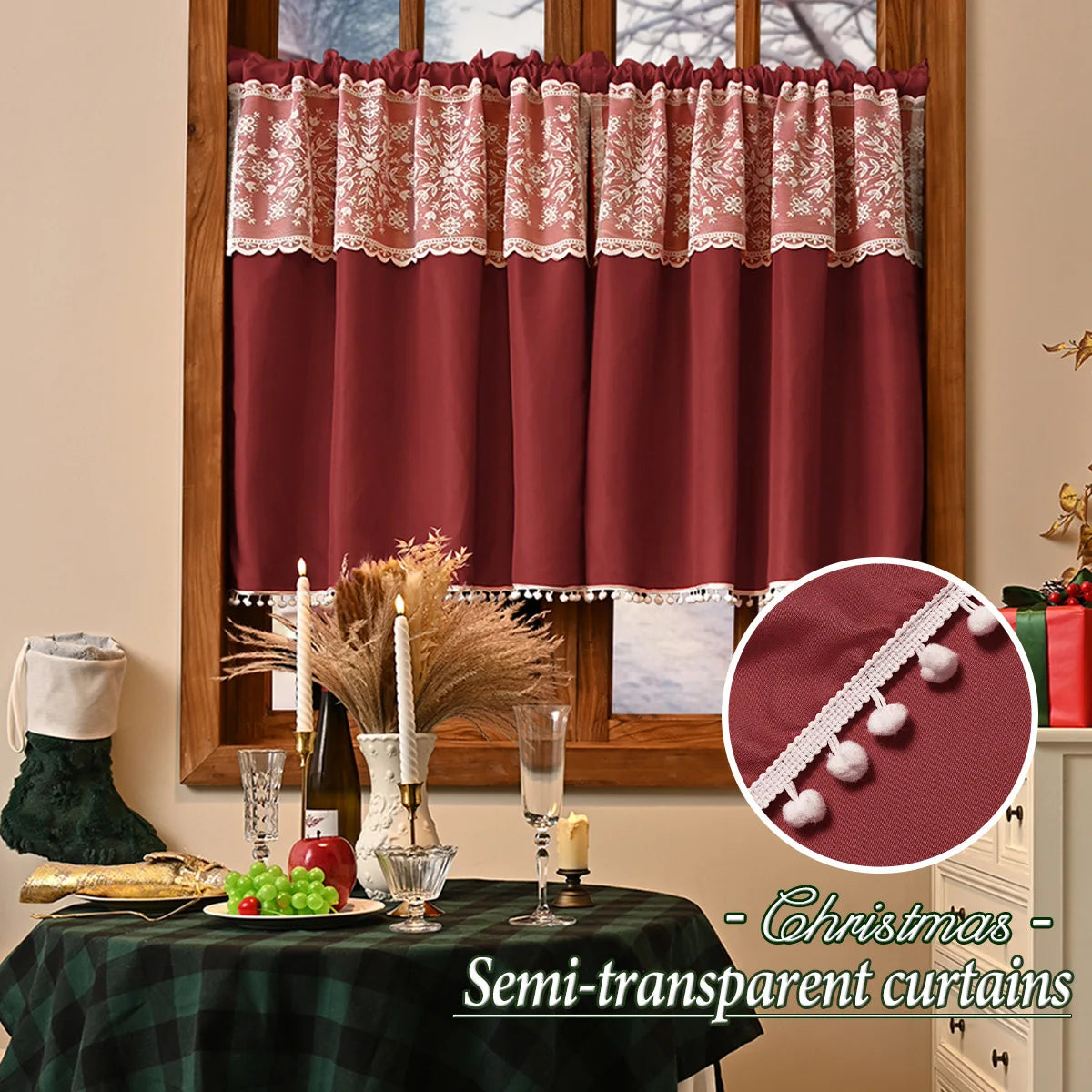 rideau rouge bordeaux dentelle pompons semi transparent classique maison polyester 132x45cm
