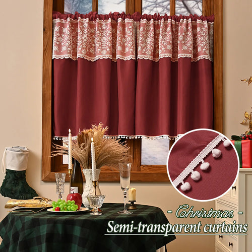 rideau rouge bordeaux dentelle pompons semi transparent classique maison polyester 132x45cm