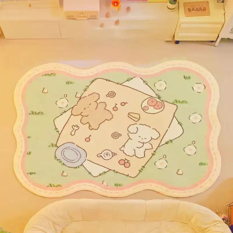 Tapis douillet avec des motifs d'animaux dessinés dans un style mignon et apaisant.