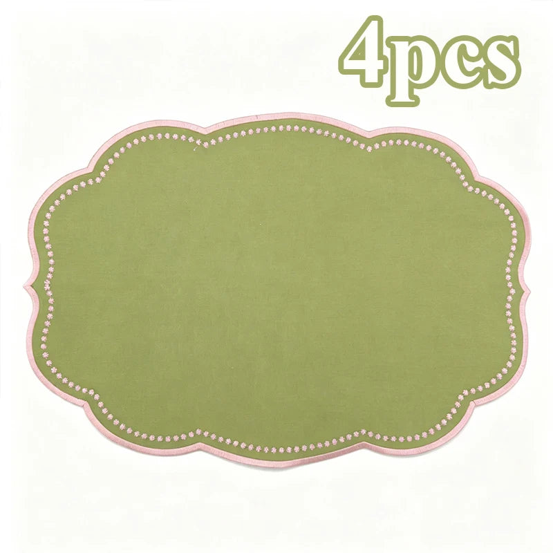 sets table vert olive rose brodé dimensions 42x30cm champêtre assiettes tasses couverts