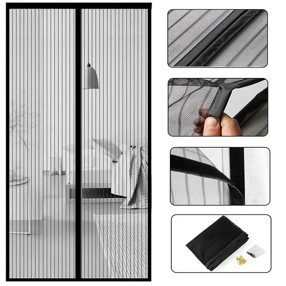 rideau porte magnétique noir maille fine moderne anti insectes pliable polyester