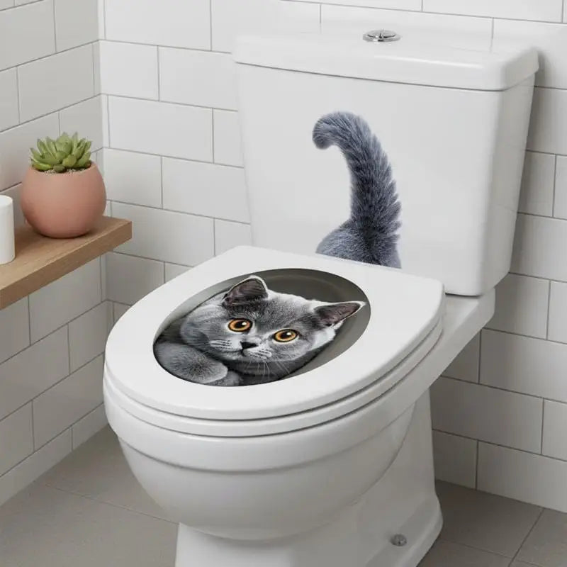 sticker toilette effet 3d animal mignon chat chien pvc illustration cartoon adhésif salle bain
