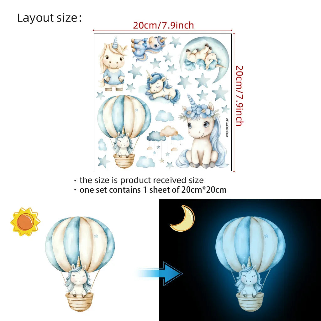 sticker mural licorne dessin animé nuages étoiles enfant chambre décoration mur bleu blanc PVC
