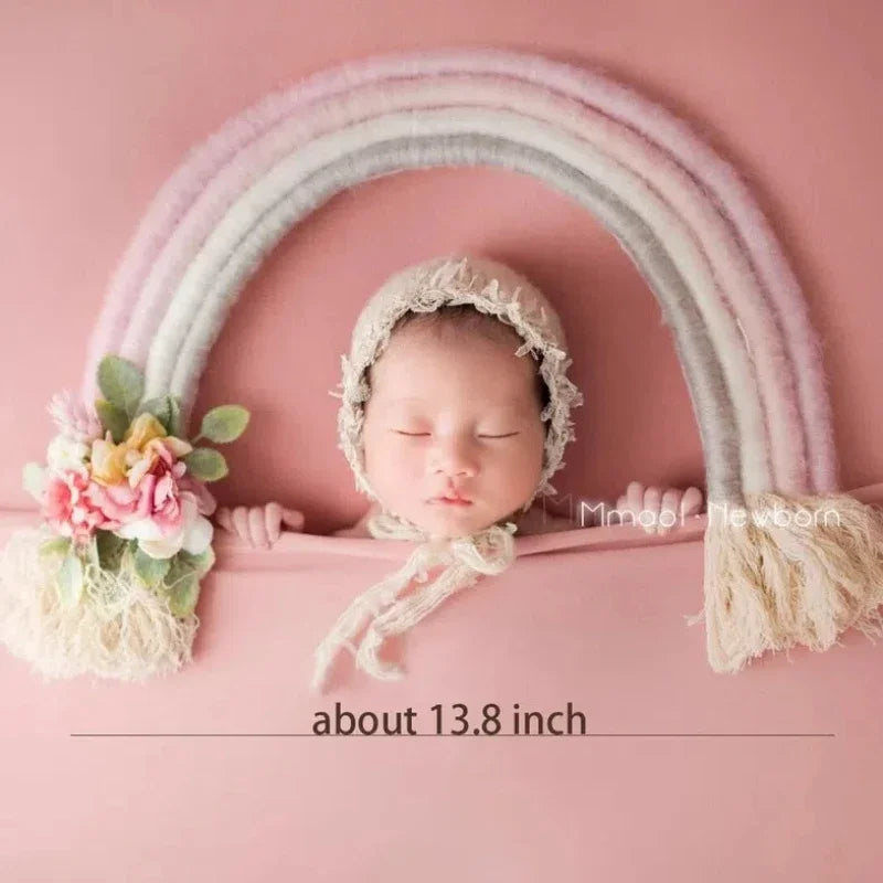 décoration arc ciel tissé franges bohème artisanal nouveau né photo chambre bébé rose blanc