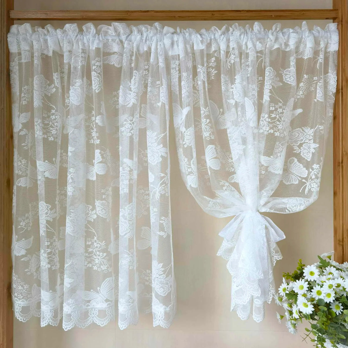 rideau transparent brodé papillons fleurs blanc romantique maison bureauextérieur