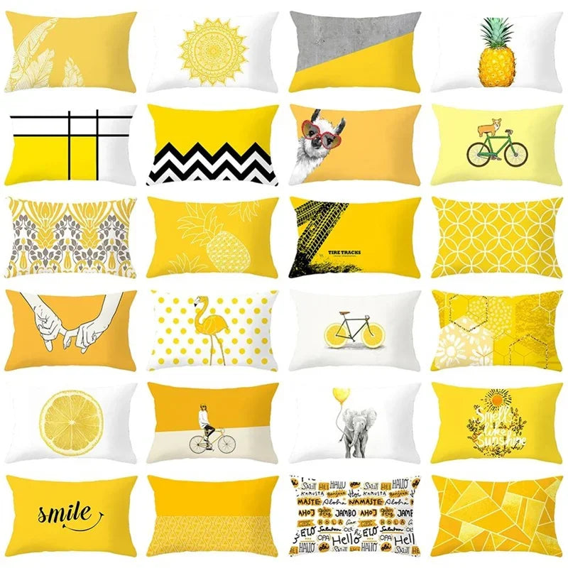 coussin décoratif jaune motif géométrique salon chambre lit tissu polyester moderne 30x50cm